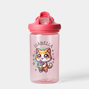Cute Kawaii Kitten with Bubble Tea Personalized Water Bottle
