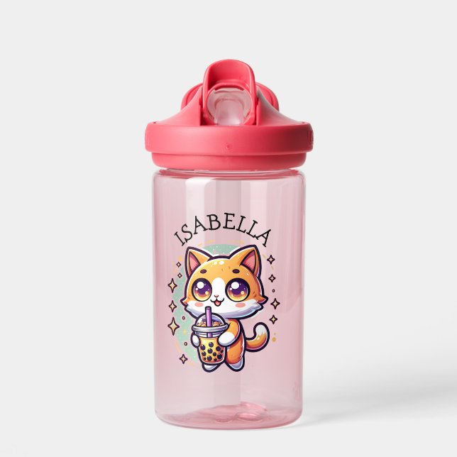 Cute Kawaii Kitten with Bubble Tea Personalized Water Bottle (Front)