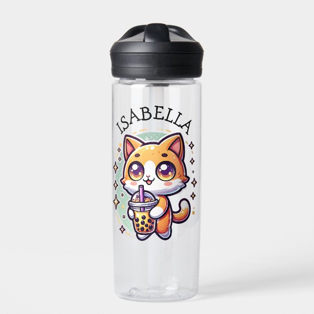 Cute Kawaii Kitten with Bubble Tea Personalized Water Bottle (Front)