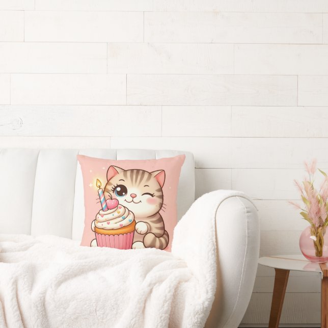 Cute Kawaii kitten with Cupcake Throw Pillow (Couch)