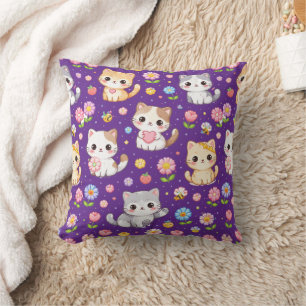 Cute Kawaii Kittens and Pastel Flowers Throw Pillow