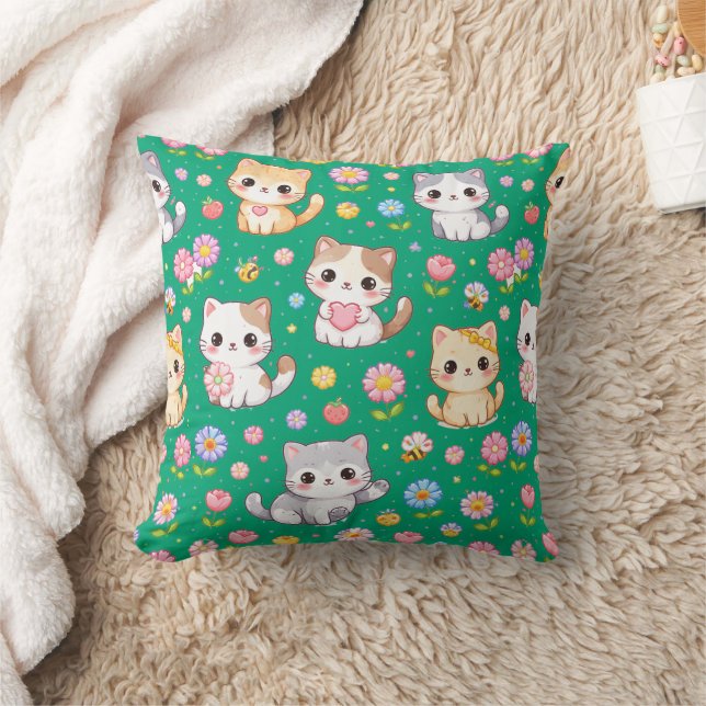 Cute Kawaii Kittens and Pastel Flowers Throw Pillow (Blanket)