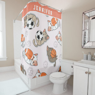 Cute Kawaii Kittens & Sports Balls Girls Name Kids Shower Curtain