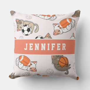 Cute Kawaii Kittens & Sports Balls Girls Name Kids Throw Pillow