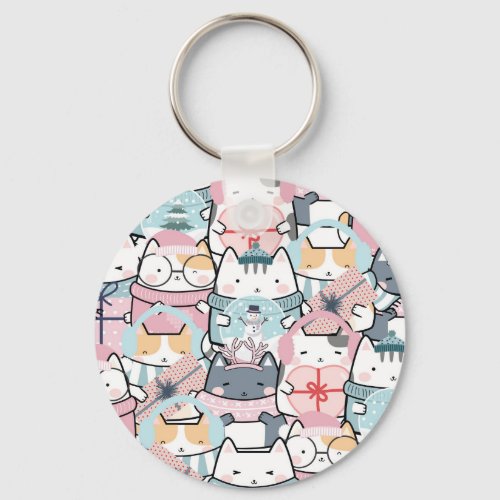 Cute Kawaii Kitties in Winter And Snowglobe Keychain