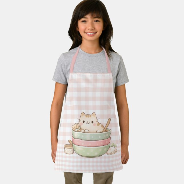 Cute Kawaii Kitty Cat Baking Pastel Gingham Pink Apron (Insitu)