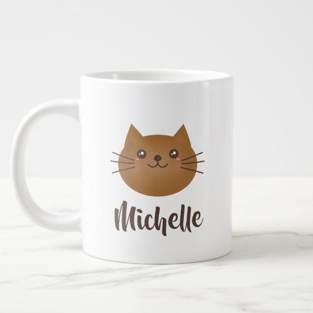 Cute Kawaii Kitty Cat Lover Whimsical Monogram Large Coffee Mug (Left)