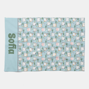 Cute kawaii kitty pattern azure blue name kitchen towel