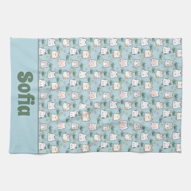Cute kawaii kitty pattern azure blue name kitchen towel (Horizontal)