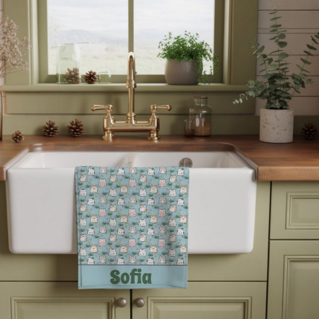 Cute kawaii kitty pattern azure blue name kitchen towel (Creator Uploaded)