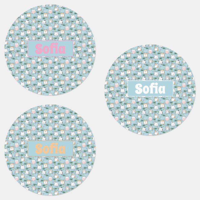 Cute kawaii kitty pattern azure blue name labels (Group)