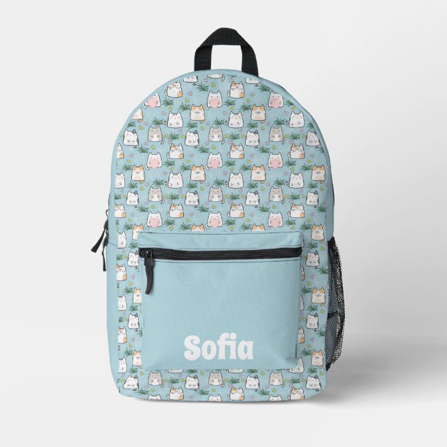 Cute kawaii kitty pattern azure blue name printed backpack (Front)