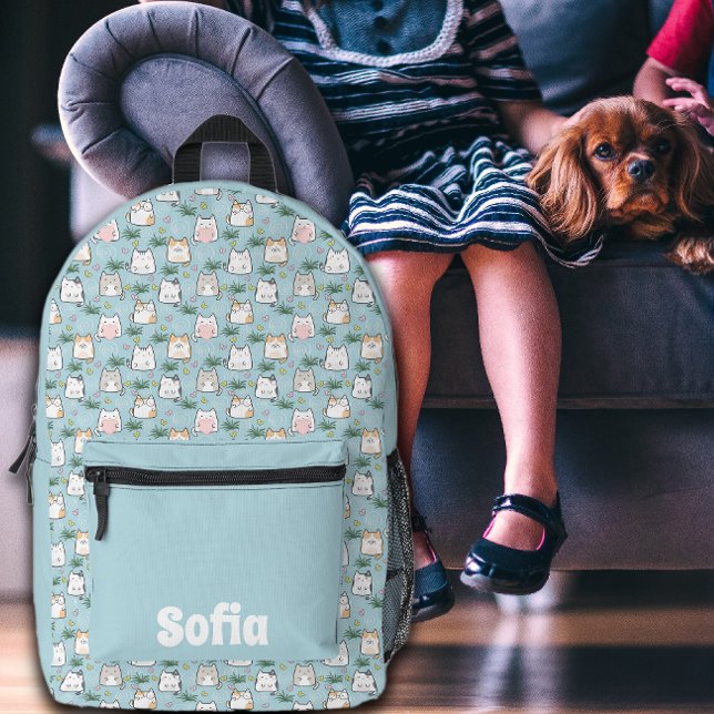 Cute kawaii kitty pattern azure blue name printed backpack (Creator Uploaded)