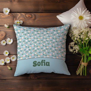 Cute kawaii kitty pattern azure blue name throw pillow