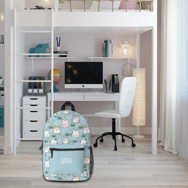 Cute kawaii kitty pattern azure blue printed backpack (Creator Uploaded)