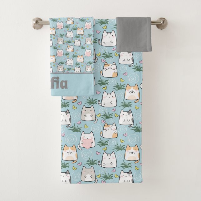 Cute kawaii kitty pattern gray blue name bath towel set (Insitu)
