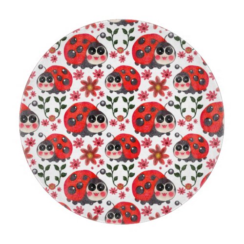 Cute Kawaii Ladybug Floral Seamless Pattern | Hand Cutting Board