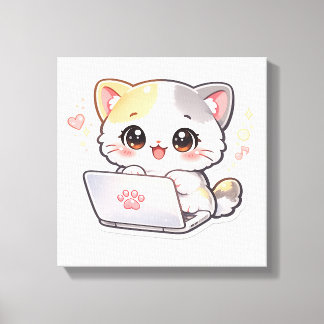 Cute Kawaii Laptop Cat Sticker | Adorable Chibi Ki Canvas Print