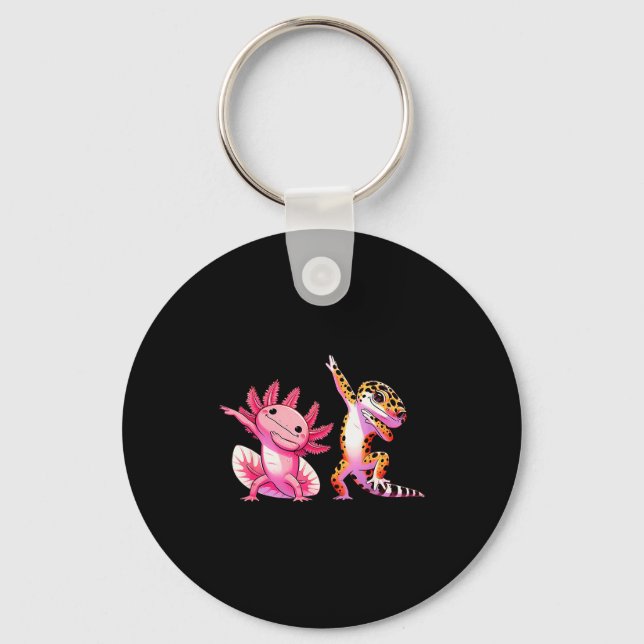 Cute Kawaii Leopard Gecko Dabbing Axolotl Friends  Keychain (Front)