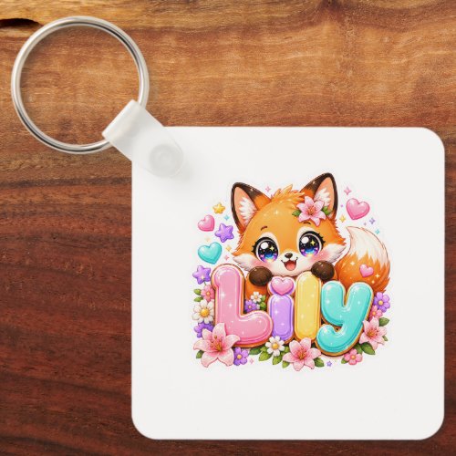 Cute Kawaii Lily Fox Name Pastel Pink Floral Woodl Keychain