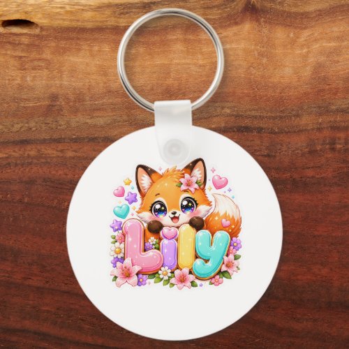 Cute Kawaii Lily Fox Name Pastel Pink Floral Woodl Keychain