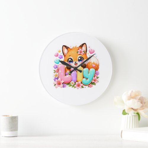 Cute Kawaii Lily Fox Name Pastel Pink Floral Woodl Large Clock