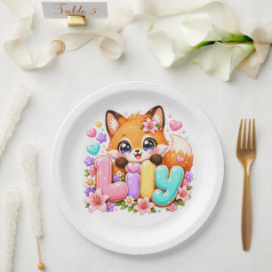 Cute Kawaii Lily Fox Name Pastel Pink Floral Woodl Paper Plates
