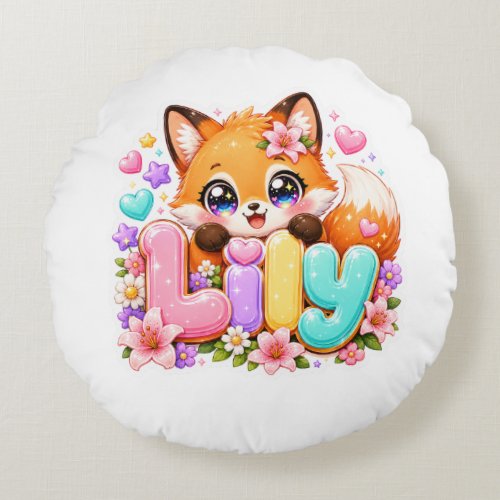 Cute Kawaii Lily Fox Name Pastel Pink Floral Woodl Round Pillow