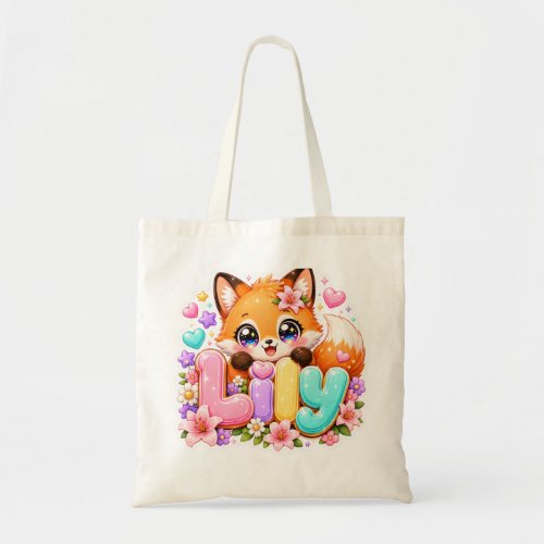 Cute Kawaii Lily Fox Name Pastel Pink Floral Woodl Tote Bag