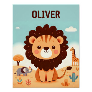 Cute Kawaii Lion with Safari Friends Poster