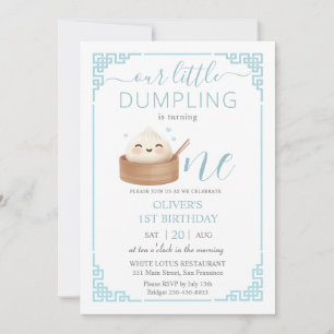 Cute Kawaii Little Dumpling Bun Blue 1st Birthday Invitation