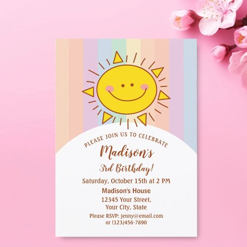 Cute Kawaii Little Rainbow Sunshine Kids Birthday Invitation