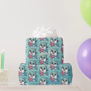 Cute Kawaii Little Shark & Starfish Wrapping Paper