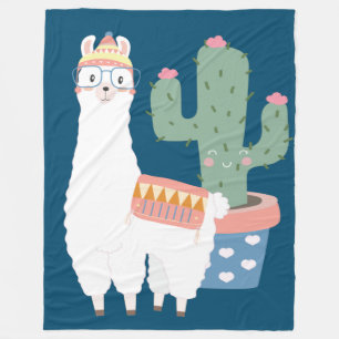 Cute Kawaii Llama and Cactus Illustration Fleece Blanket
