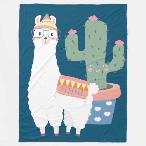 Cute Kawaii Llama and Cactus Illustration Fleece Blanket
