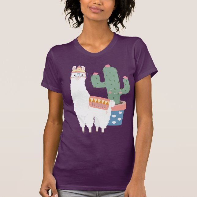 Cute Kawaii Llama and Cactus Illustration T-Shirt (Front)