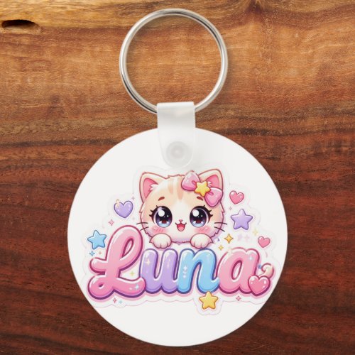 Cute Kawaii Luna Cat Name Pastel Pink Sparkling Ki Keychain