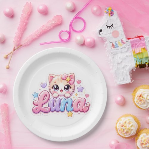 Cute Kawaii Luna Cat Name Pastel Pink Sparkling Ki Paper Plates