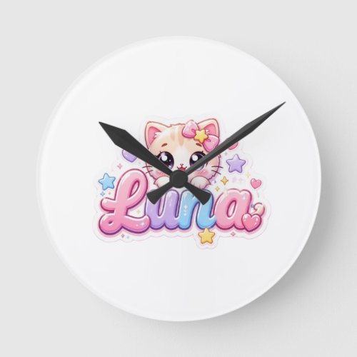 Cute Kawaii Luna Cat Name Pastel Pink Sparkling Ki Round Clock