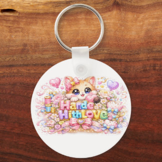 Cute Kawaii Made With Love Cat Name Pastel Pink Fl Keychain