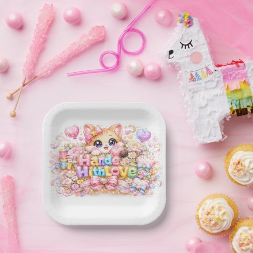 Cute Kawaii Made With Love Cat Name Pastel Pink Fl Paper Plates