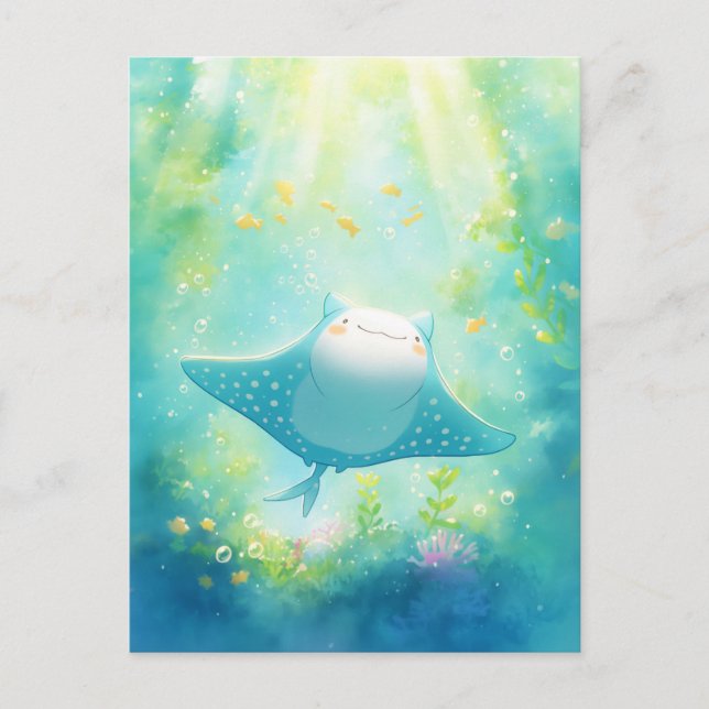Cute Kawaii Manta Ray Sunlit Reef Postcard (Front)