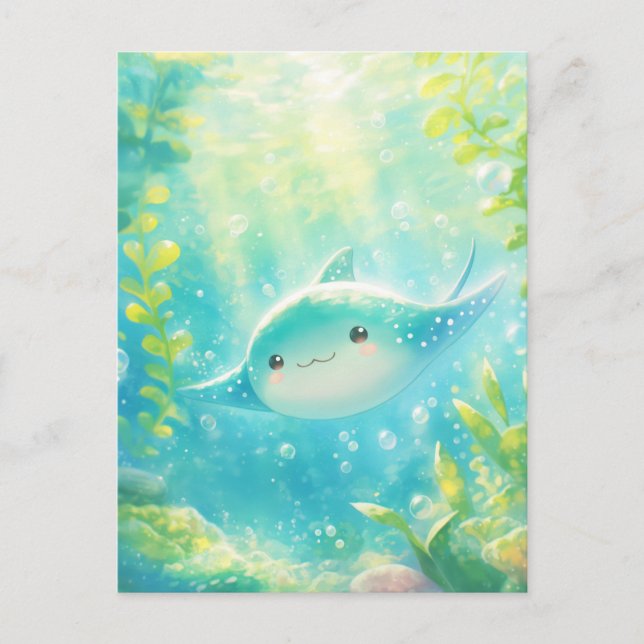 Cute Kawaii Manta Ray Tropical Reef Postcard (Front)