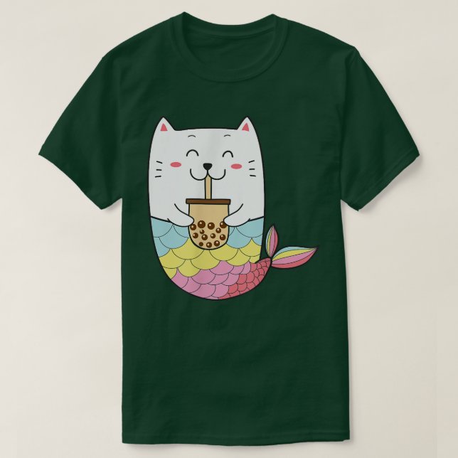 Cute Kawaii Mermaid Cat Boba Bubble Milk Tea Anime T-Shirt (Design Front)