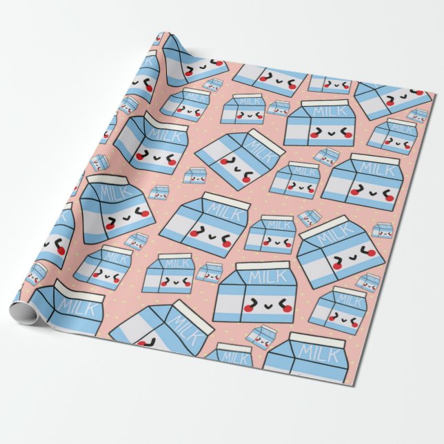 Cute Kawaii Milk Wrapping Paper (Unrolled)