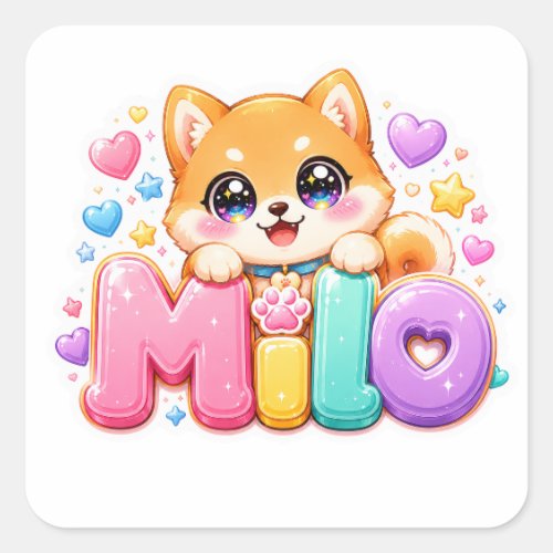 Cute Kawaii Milo Dog Name Pastel Pink Sparkling Pu Square Sticker