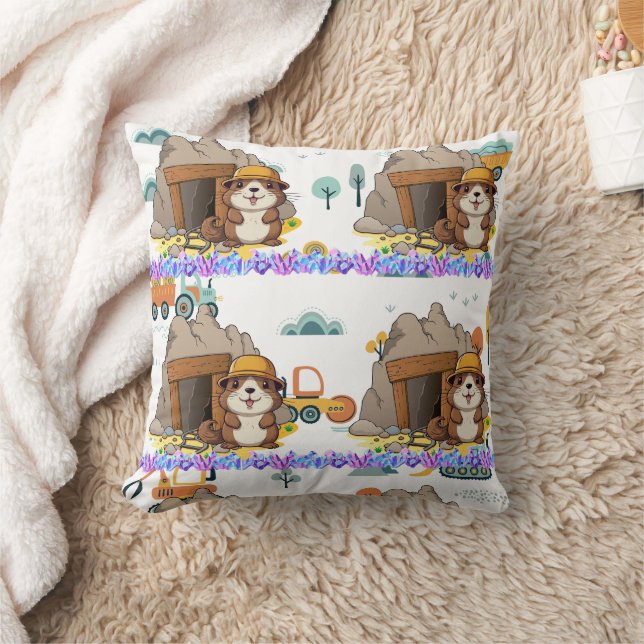 Cute Kawaii Miner Animal Gopher Modern Print Throw Pillow (Blanket)