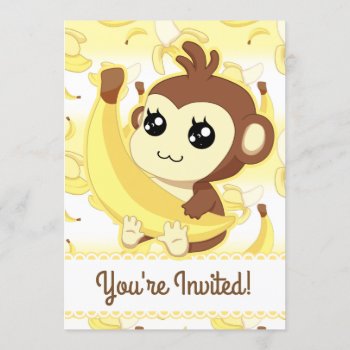 Cute Kawaii Monkey And Banana Invitation by DiaSuuArt at Zazzle