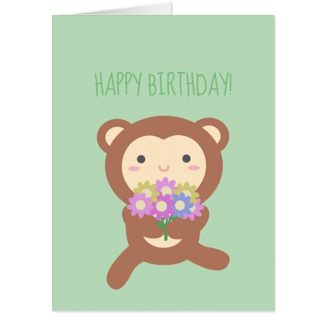 Cute Kawaii Monkey and Flowers Happy Birthday Card (Front)