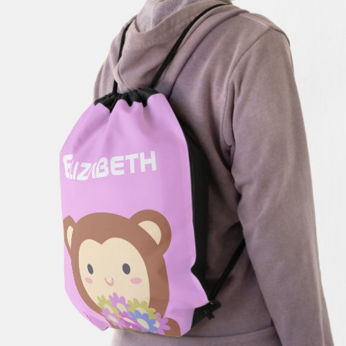 Cute Kawaii Monkey and Flowers Purple Pink Name Drawstring Bag